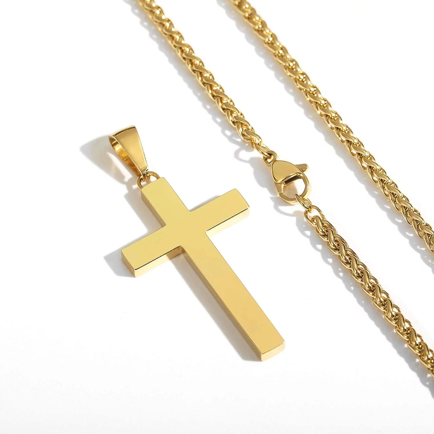 Cross Necklace for Men Stainless Steel Cross Pendant Chain , First Communion Confirmation Jewelry, Religious Gift (Gold)