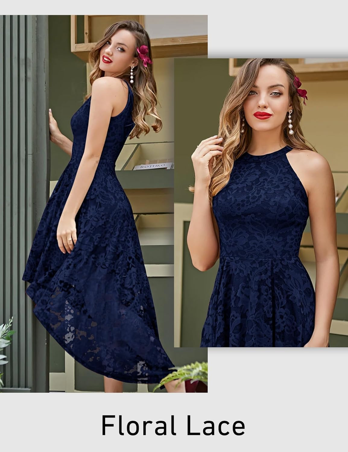 Women'S Halter Floral Lace Cocktail Party Dress Hi-Lo Bridesmaid Dress