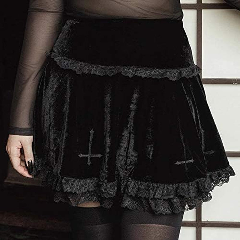 Punk Cross Print Dark Mini Skirts Chain Belt Black Uniform Pleated Skirt Women