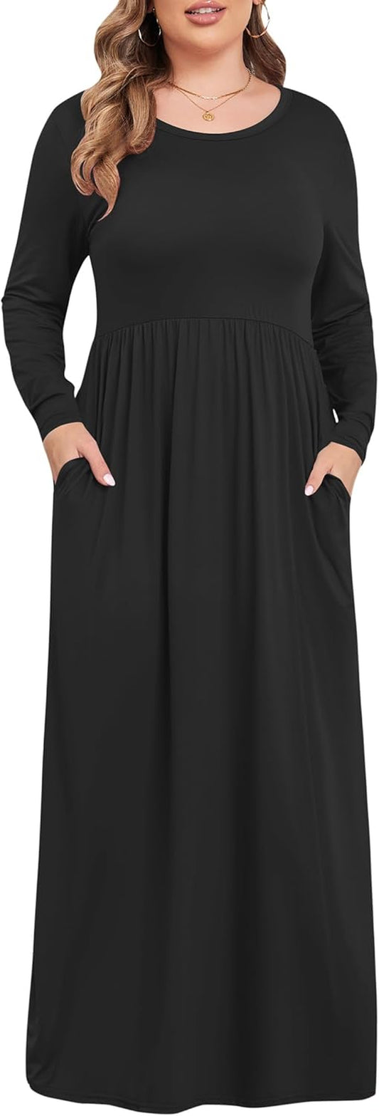 Women'S plus Size Long Sleeve Loose Plain Casual Long Maxi Dresses with Pockets