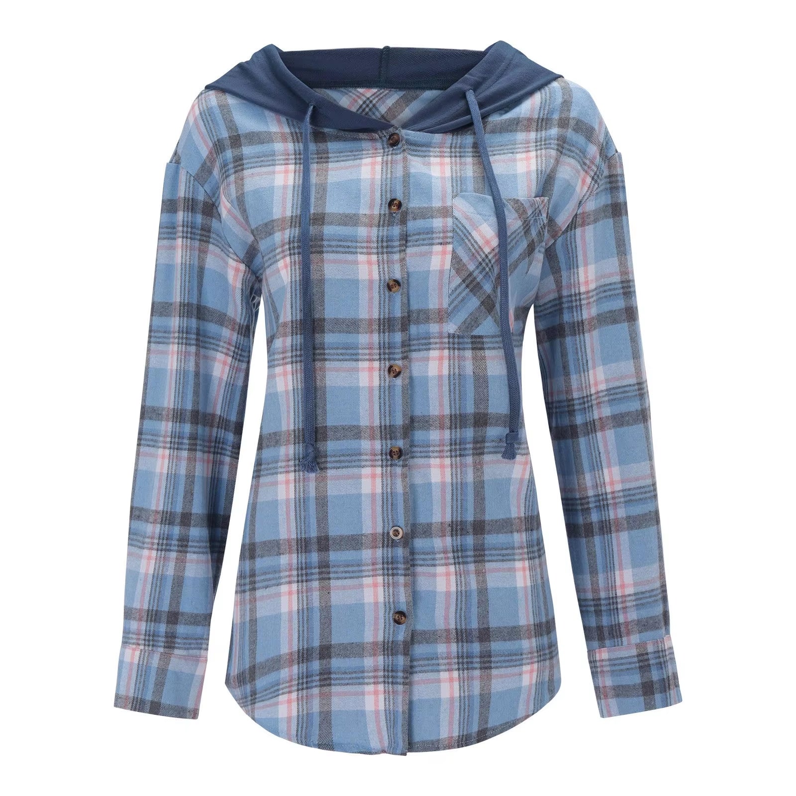 Women Long Sleeve Plaid Shirts Blue Button down Pocket Blouse Tops Retro Casual Drawstring Hooded Shirt Camisas